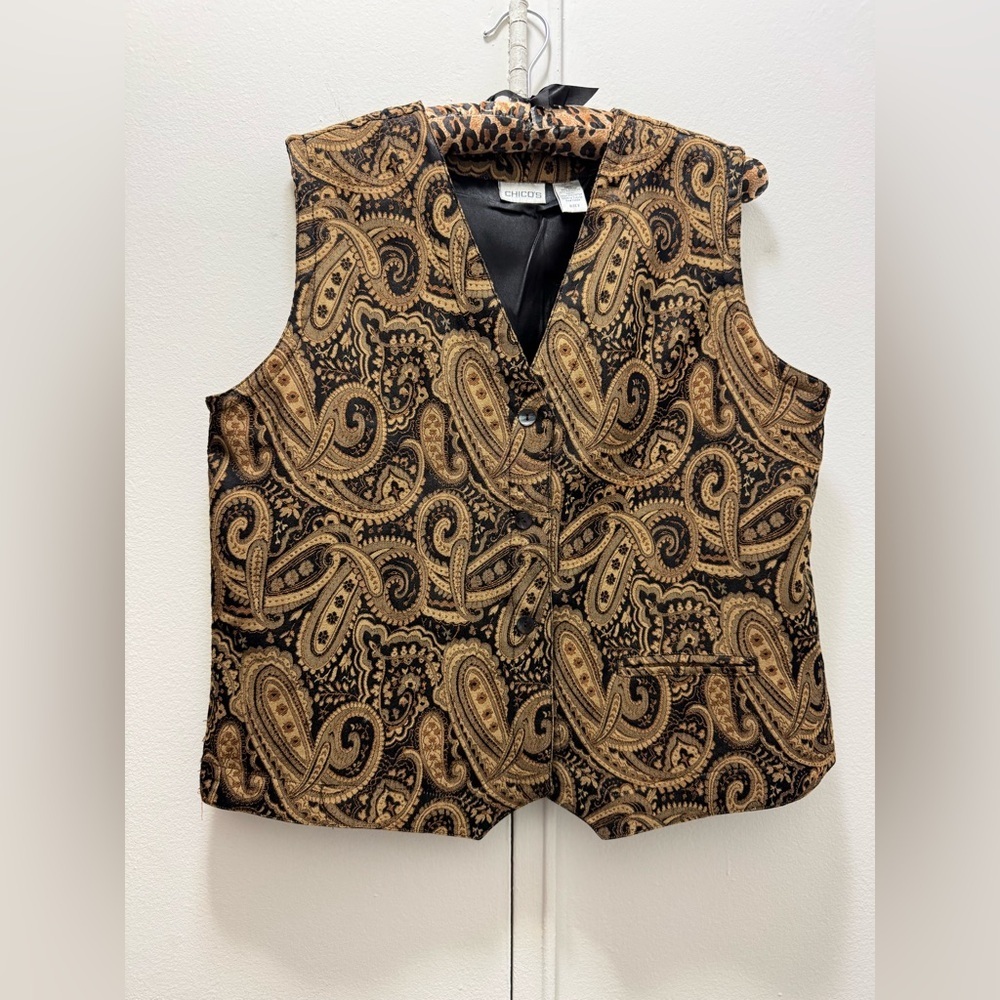 Chico's Fall Paisley Brown Vest Size L V-Neck